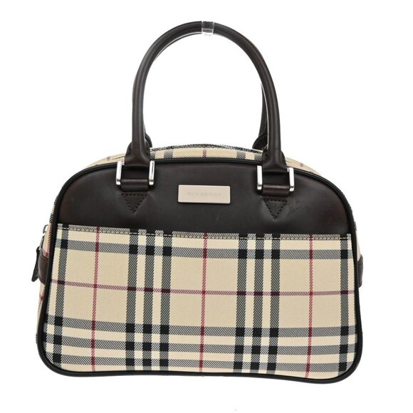 BURBERRY Logo Nova Check Hand Bag Canvas Leather Brown Silver - Picture 1 of 13